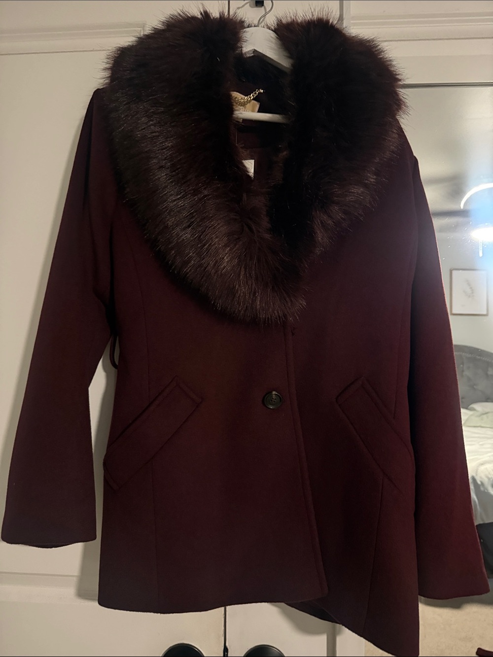 Michael Kors Plum Wool-Blend Pea Coat with Faux Fur Collar